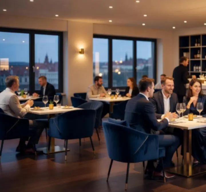 Interiér restaurace Prago Scene s moderním designem a večerní atmosférou