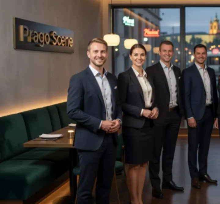 Tým restaurace Prago Scene v elegantním prostředí večerní Prahy