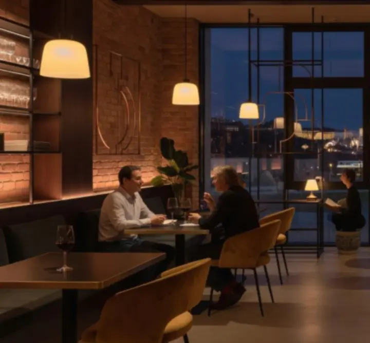 Večerní atmosféra interiéru restaurace Prago Scene