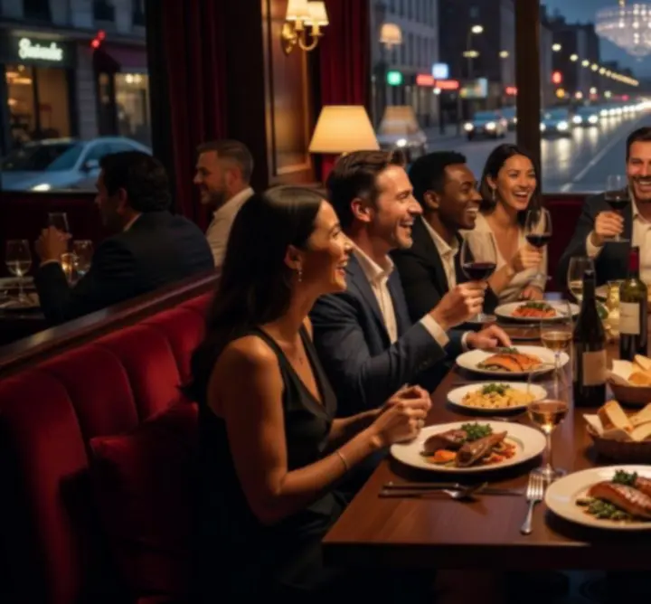 Skupina hostů u společného stolu v Prago Scene při social dining večeru