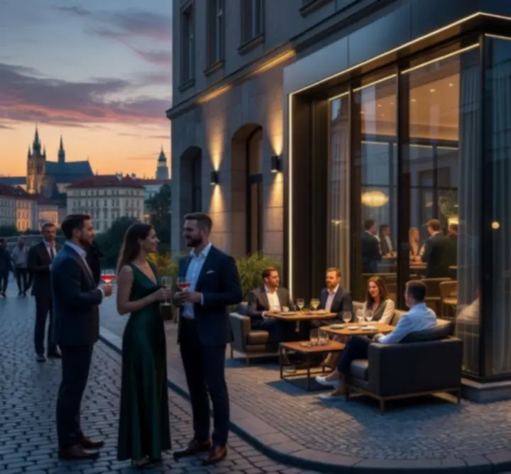 Urban evening atmosféra v interiéru Prago Scene s výhledem na noční Prahu